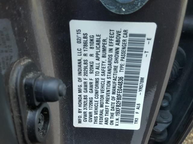 19XFB2F80FE044836 - 2015 HONDA CIVIC EX GRAY photo 10