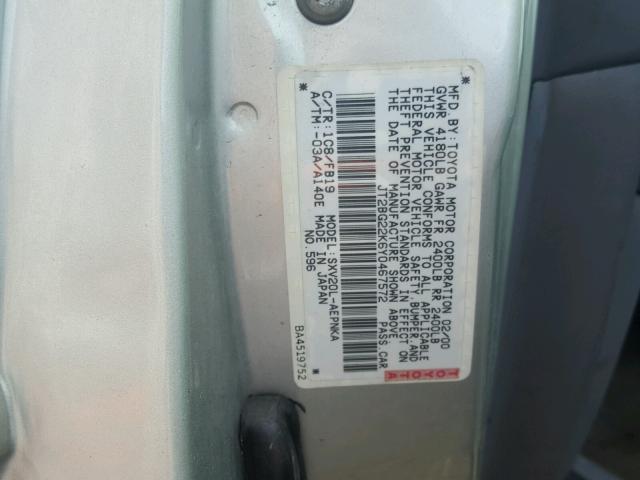 JT2BG22K6Y0467572 - 2000 TOYOTA CAMRY CE SILVER photo 10