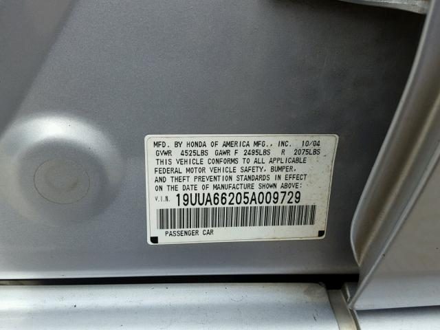 19UUA66205A009729 - 2005 ACURA TL SILVER photo 10