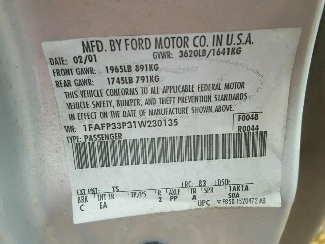 1FAFP33P31W230135 - 2001 FORD FOCUS LX SILVER photo 10