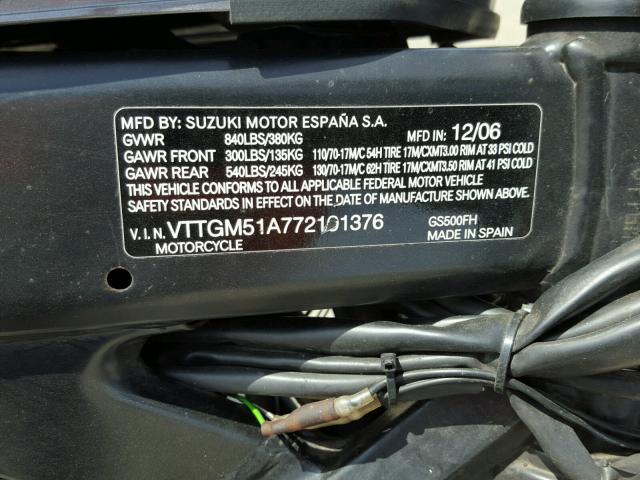 VTTGM51A772101376 - 2007 SUZUKI GS500 GRAY photo 10