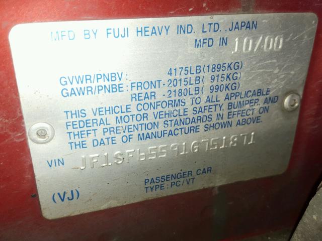 JF1SF65591G751871 - 2001 SUBARU FORESTER S Granate foto 10