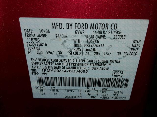 1FMYU93147KB34665 - 2007 FORD ESCAPE XLT RED photo 10