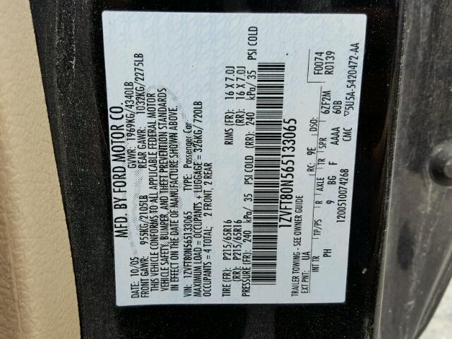 1ZVFT80N565133065 - 2006 FORD MUSTANG BLACK photo 10