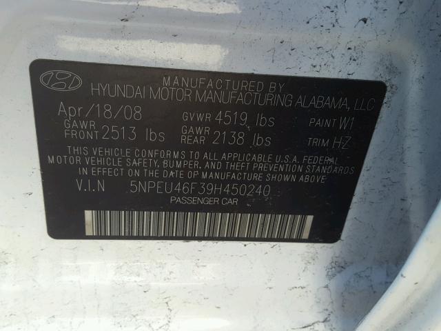 5NPEU46F39H450240 - 2009 HYUNDAI SONATA SE WHITE photo 10