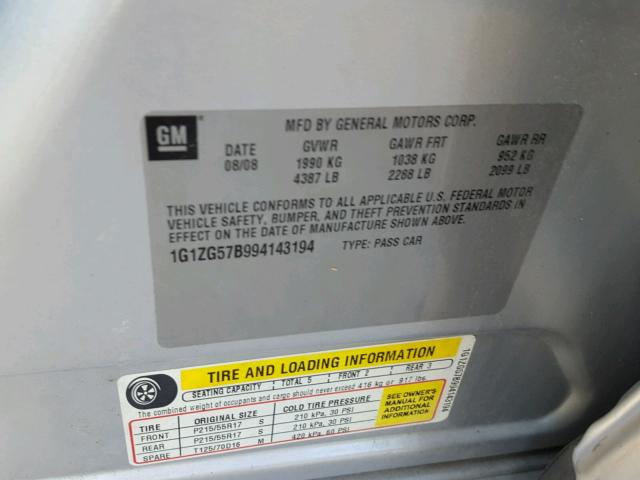 1G1ZG57B994143194 - 2009 CHEVROLET MALIBU LS ვერცხლისფერი ფოტო 10