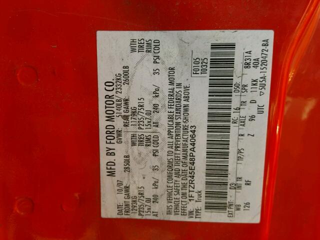 1FTZR45E48PA40643 - 2008 FORD RANGER SUP RED photo 10