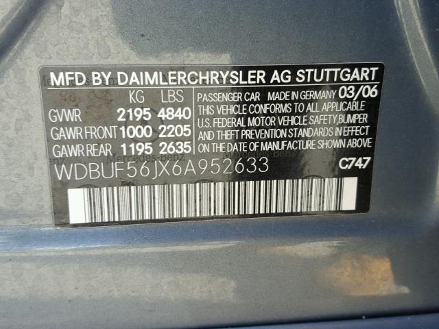 WDBUF56JX6A952633 - 2006 MERCEDES-BENZ E 350 BLUE photo 10