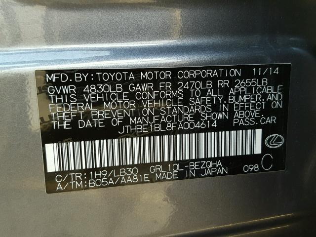 JTHBE1BL8FA004614 - 2015 LEXUS GS 350 GRAY photo 10