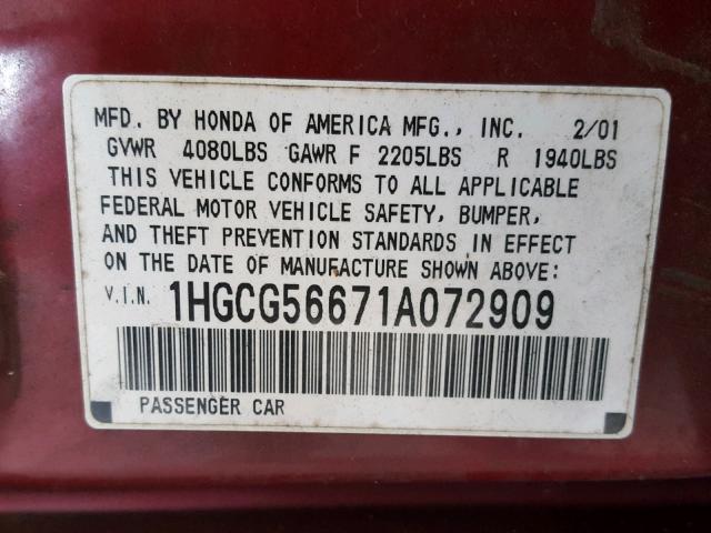 1HGCG56671A072909 - 2001 HONDA ACCORD EX RED photo 10