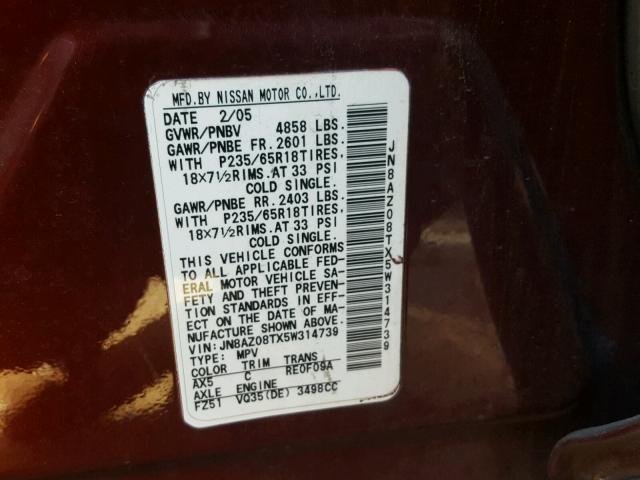 JN8AZ08TX5W314739 - 2005 NISSAN MURANO SL BURGUNDY photo 10