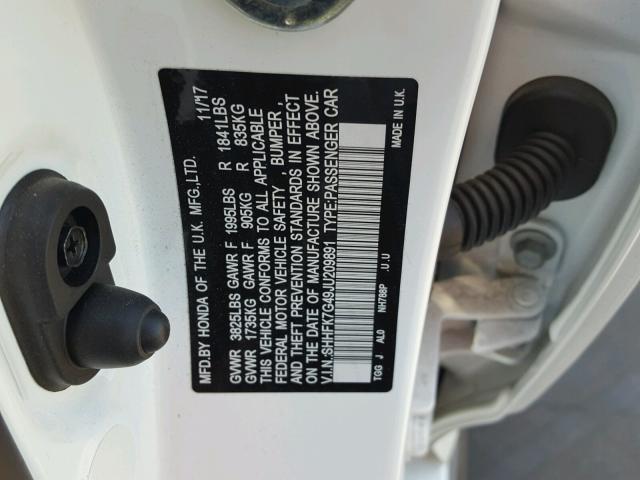 SHHFK7G49JU209891 - 2018 HONDA CIVIC SPOR WHITE photo 10