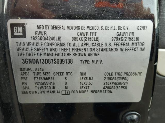 3GNDA13D87S609138 - 2007 CHEVROLET HHR LS 黑色 照片 10