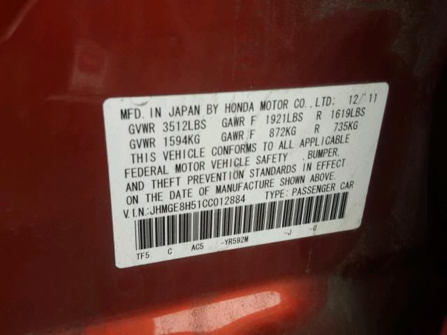 JHMGE8H51CC012884 - 2012 HONDA FIT SPORT ORANGE photo 10