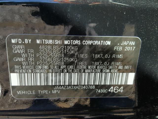 JA4AZ3A3XHZ040768 - 2017 MITSUBISHI OUTLANDER BLACK photo 10