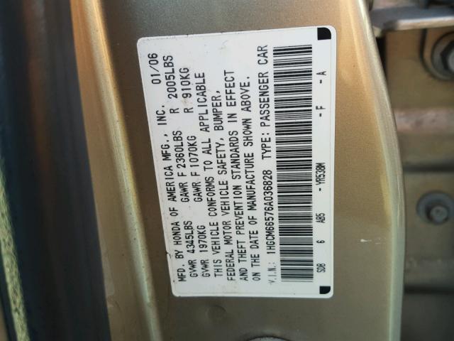 1HGCM66576A036828 - 2006 HONDA ACCORD EX TAN photo 10