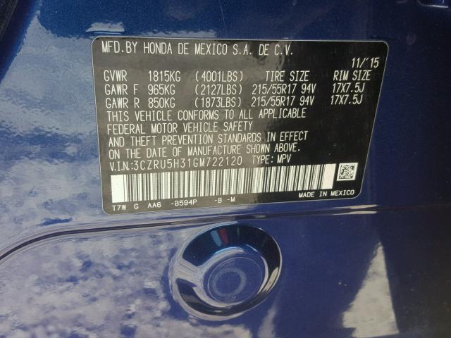 3CZRU5H31GM722120 - 2016 HONDA HR-V LX BLUE photo 10