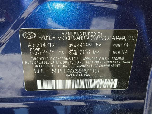 5NPEB4AC5DH511101 - 2013 HYUNDAI SONATA GLS BLUE photo 10