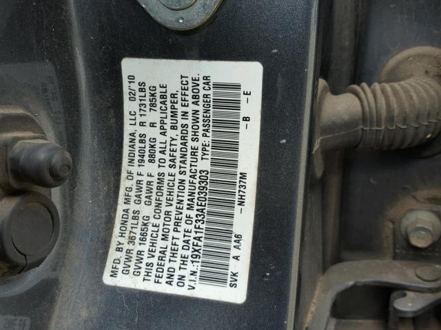 19XFA1F33AE039303 - 2010 HONDA CIVIC VP GRAY photo 10