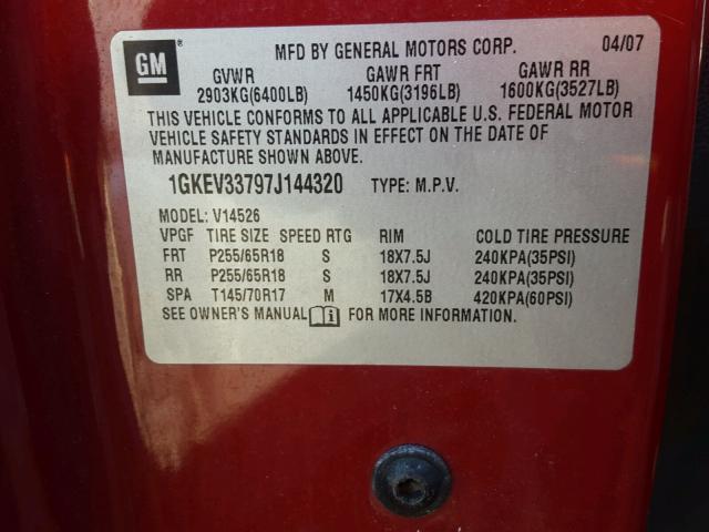 1GKEV33797J144320 - 2007 GMC ACADIA SLT 栗色 照片 10