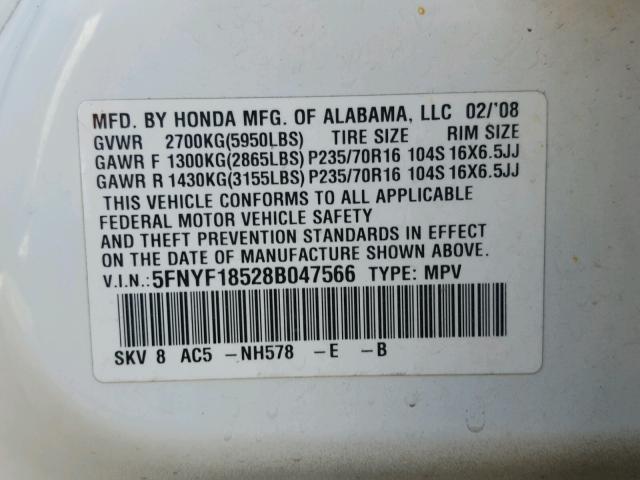 5FNYF18528B047566 - 2008 HONDA PILOT EXL WHITE photo 10