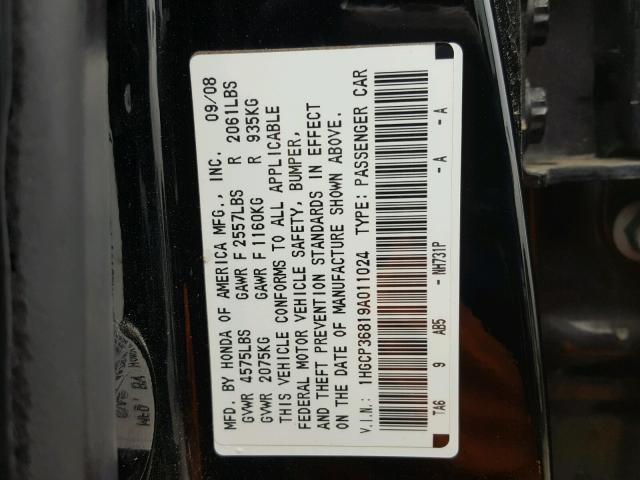 1HGCP36819A011024 - 2009 HONDA ACCORD EXL BLACK photo 10