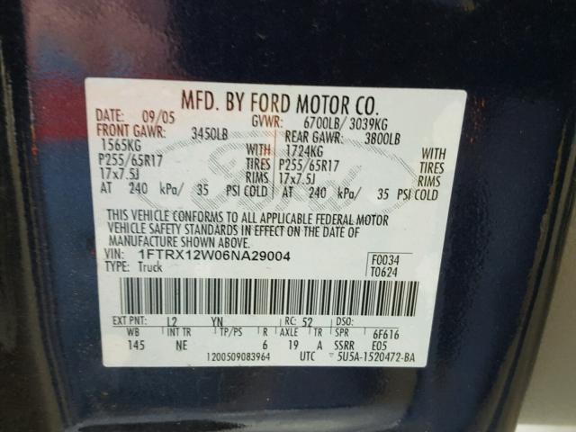 1FTRX12W06NA29004 - 2006 FORD F150 BLUE photo 10