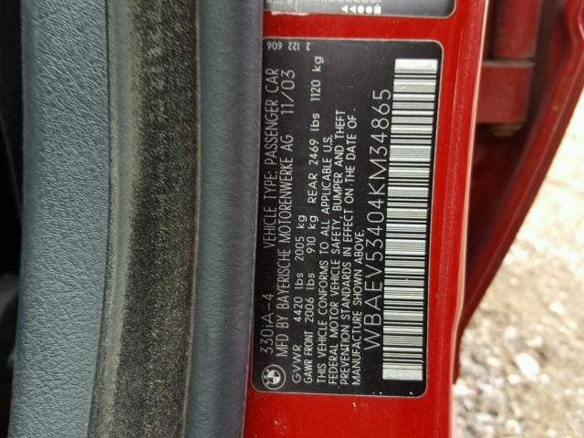 WBAEV53404KM34865 - 2004 BMW 330 I RED photo 10