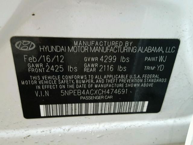 5NPEB4ACXCH474691 - 2012 HYUNDAI SONATA GLS WHITE photo 10