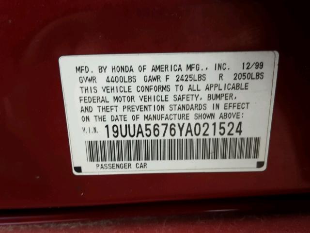 19UUA5676YA021524 - 2000 ACURA 3.2TL RED photo 10