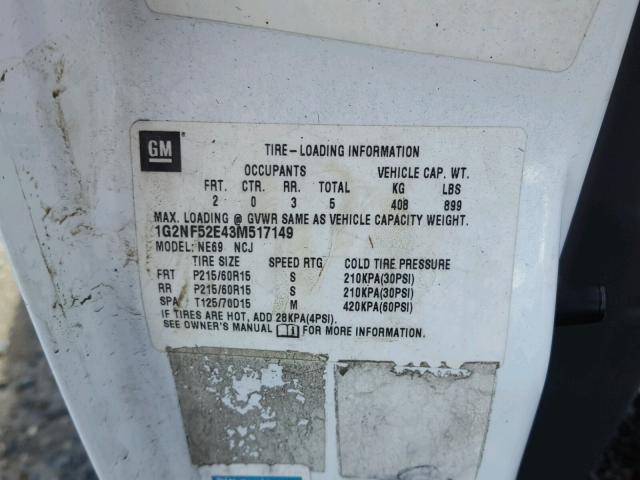 1G2NF52E43M517149 - 2003 PONTIAC GRAND AM S თეთრი ფოტო 10