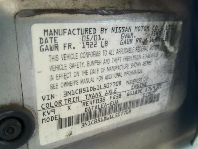 3N1CB51D61L507708 - 2001 NISSAN SENTRA XE GRAY photo 10