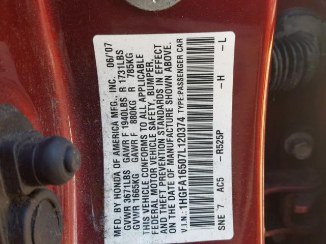 1HGFA16507L120374 - 2007 HONDA CIVIC LX RED photo 10