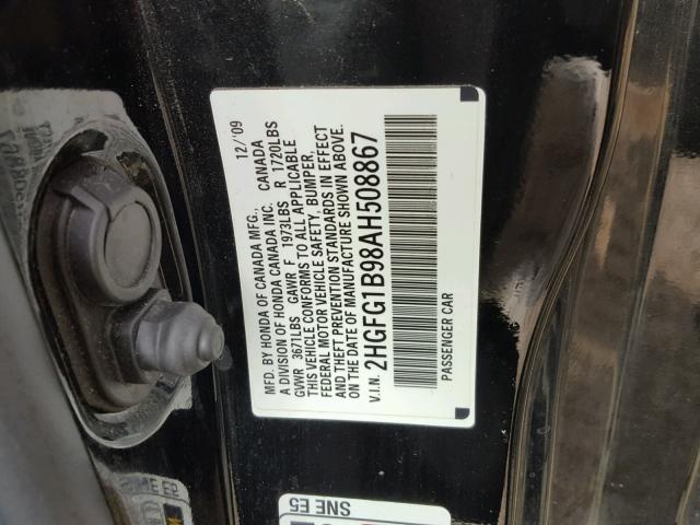 2HGFG1B98AH508867 - 2010 HONDA CIVIC EXL BLACK photo 10