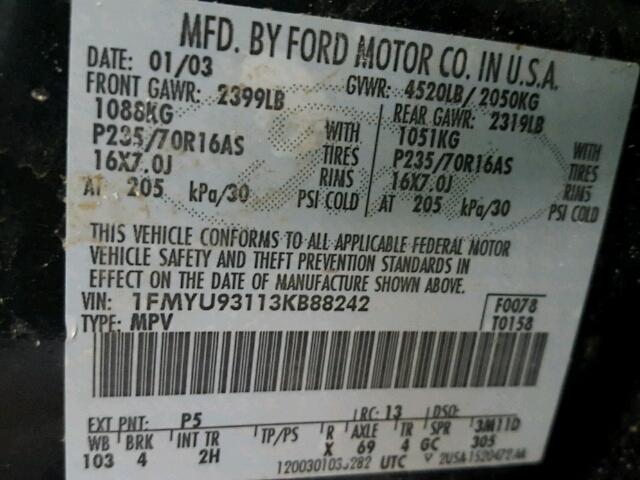 1FMYU93113KB88242 - 2003 FORD ESCAPE XLT BLACK photo 10