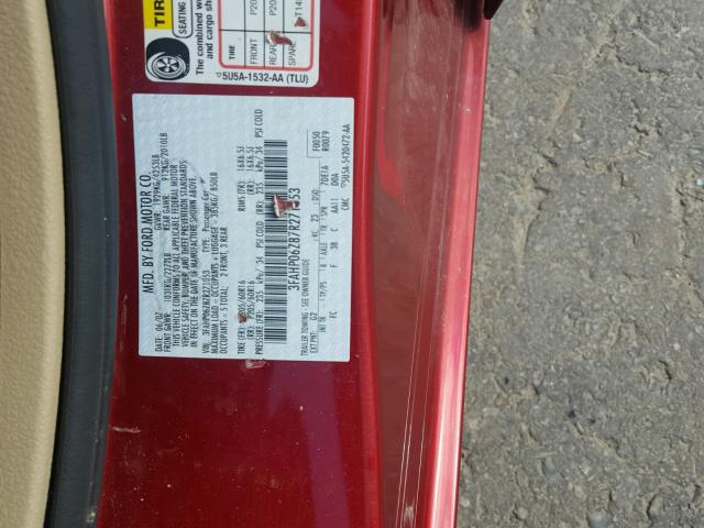 3FAHP06Z87R271053 - 2007 FORD FUSION S RED photo 10