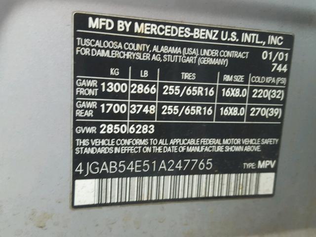 4JGAB54E51A247765 - 2001 MERCEDES-BENZ ML 320 SILVER photo 10