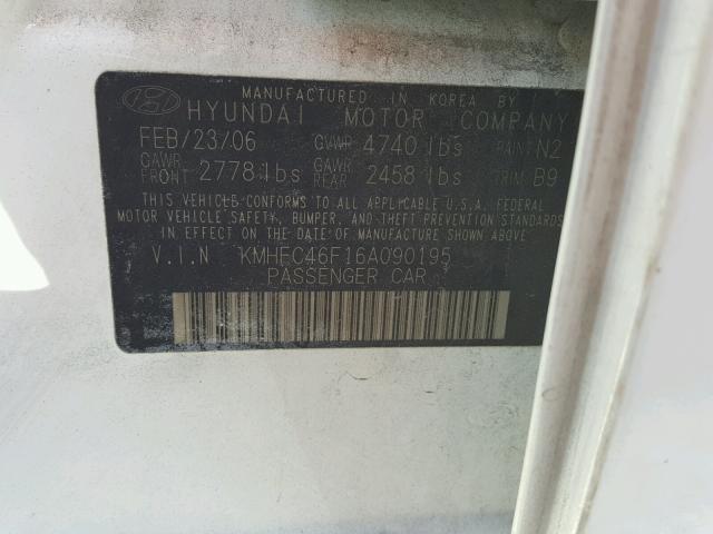 KMHFC46F16A090195 - 2006 HYUNDAI AZERA SE WHITE photo 10