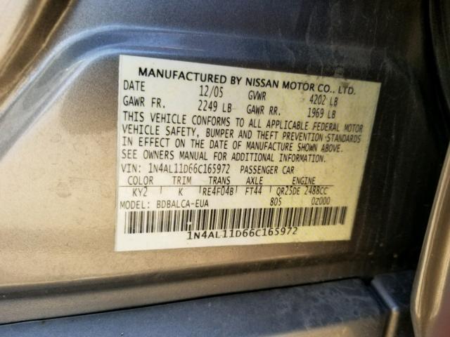 1N4AL11D66C165972 - 2006 NISSAN ALTIMA S GOLD photo 10