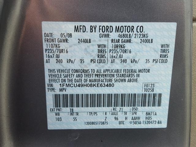 1FMCU49H08KE63480 - 2008 FORD ESCAPE HEV GRAY photo 10