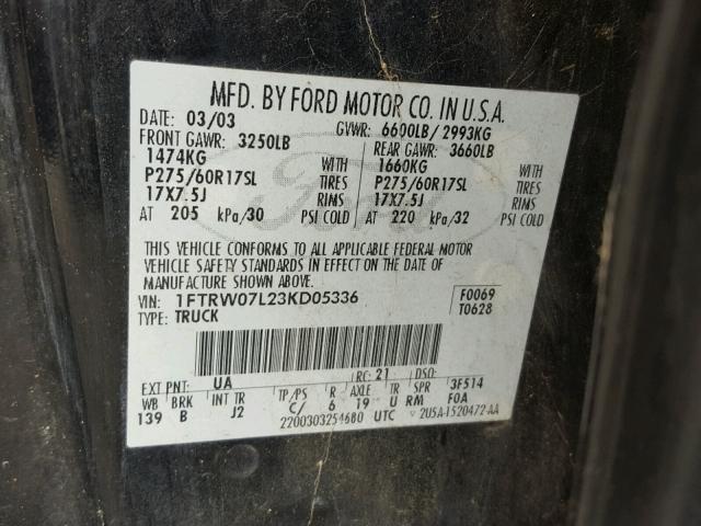 1FTRW07L23KD05336 - 2003 FORD F150 SUPER BLACK photo 10