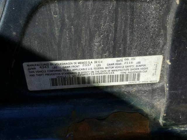 3VWRG71K96M658334 - 2006 VOLKSWAGEN JETTA 2.5 BLUE photo 10