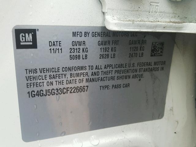 1G4GJ5G33CF226667 - 2012 BUICK LACROSSE T WHITE photo 10