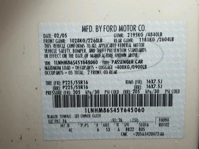 1LNHM86S45Y645060 - 2005 LINCOLN LS 白色 照片 10