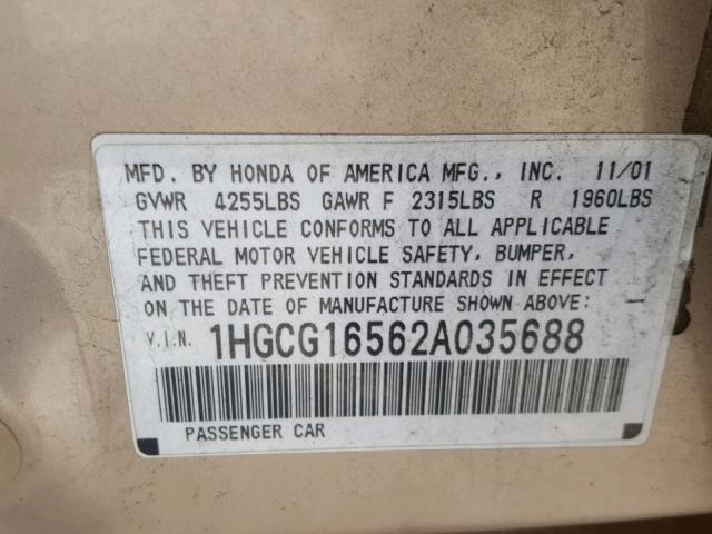 1HGCG16562A035688 - 2002 HONDA ACCORD EX TAN photo 10