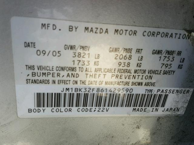 JM1BK32F861429590 - 2006 MAZDA 3 I SILVER photo 10