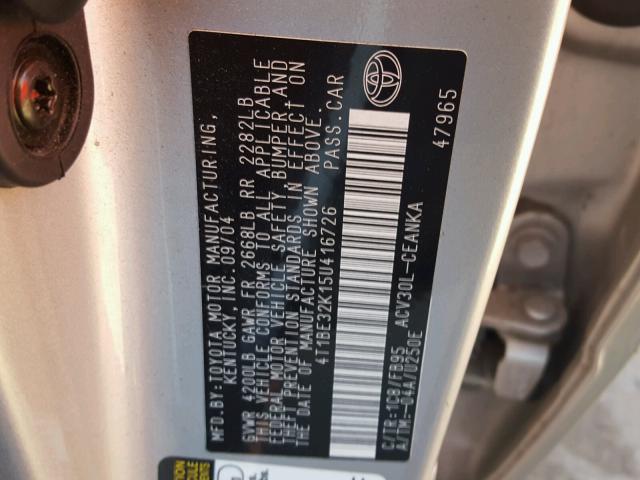 4T1BE32K15U416726 - 2005 TOYOTA CAMRY LE SILVER photo 10