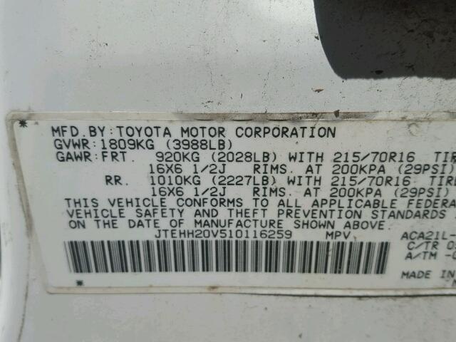 JTEHH20V510116259 - 2001 TOYOTA RAV4 WHITE photo 10