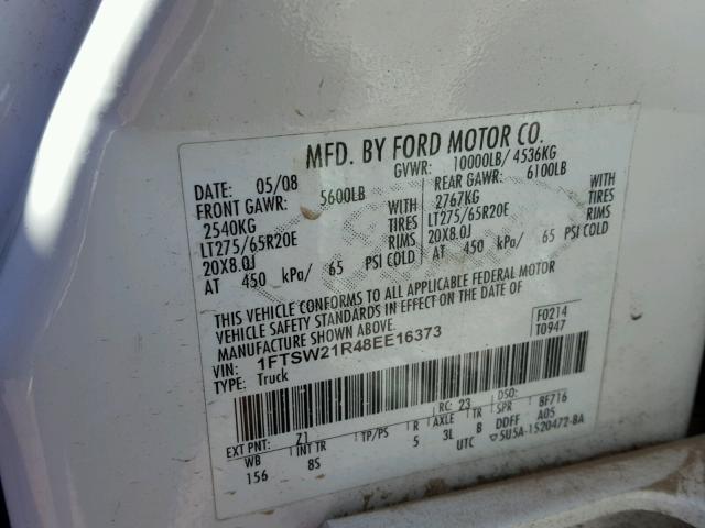 1FTSW21R48EE16373 - 2008 FORD F250 SUPER WHITE photo 10