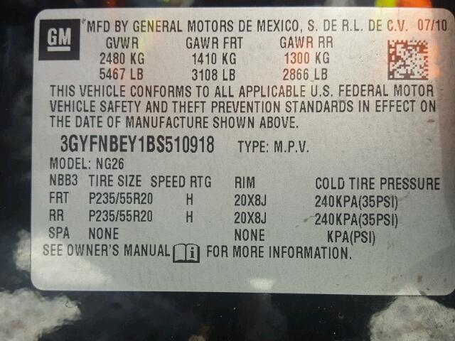 3GYFNBEY1BS510918 - 2011 CADILLAC SRX PERFOR 黑色 照片 10